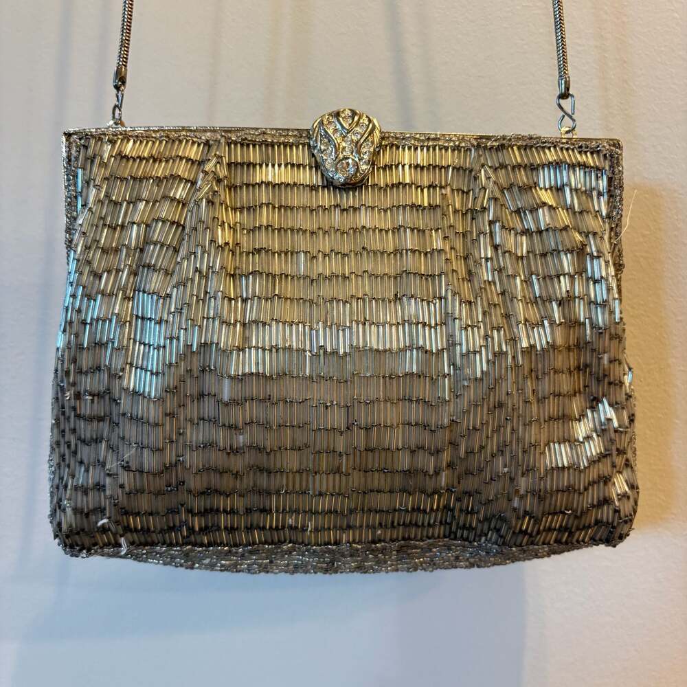 Vintage La Regale Beaded Evening Bag Silver Rhinestone Clasp Purse